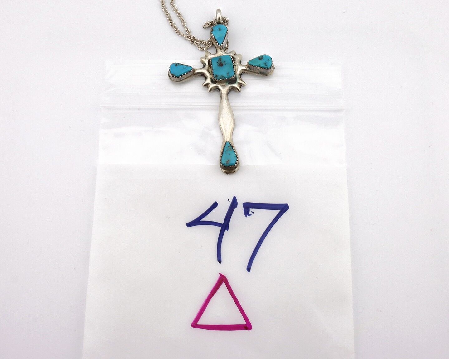 Zuni Cross Necklace 925 Silver Natural Blue Turquoise Native American Artist C80