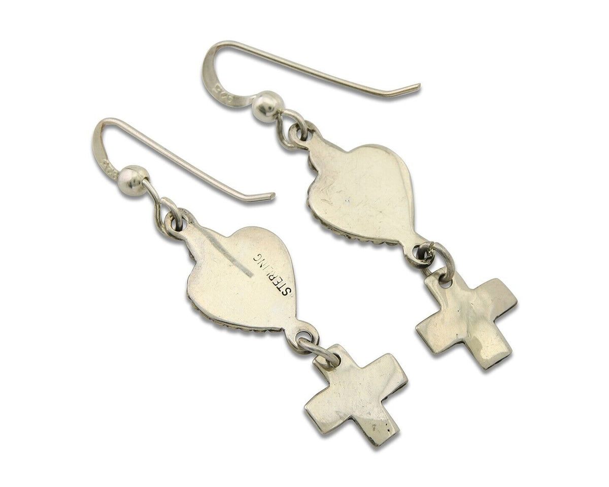 Navajo Earrings 925 Silver Heart Cross Amethyst Native American Artist C.80's