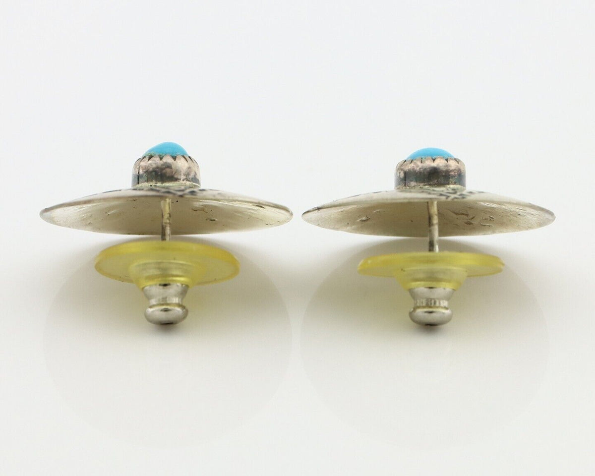Navajo Hand Stamped Earrings 925 Silver Turquoise Signed KF C.80's