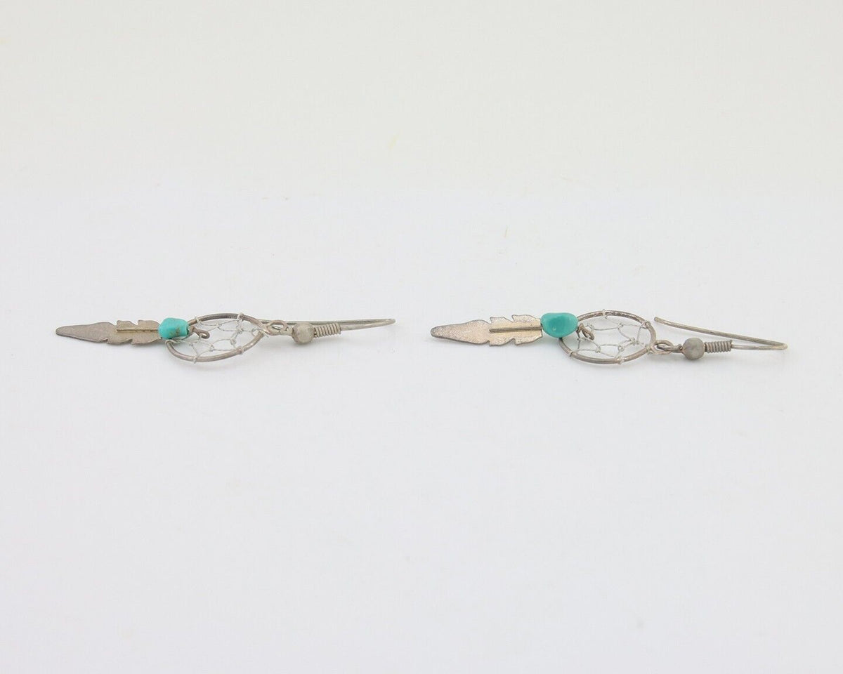 Navajo Dangle Dream Catcher Earrings 925 Silver Blue Turquoise Native Artist C80