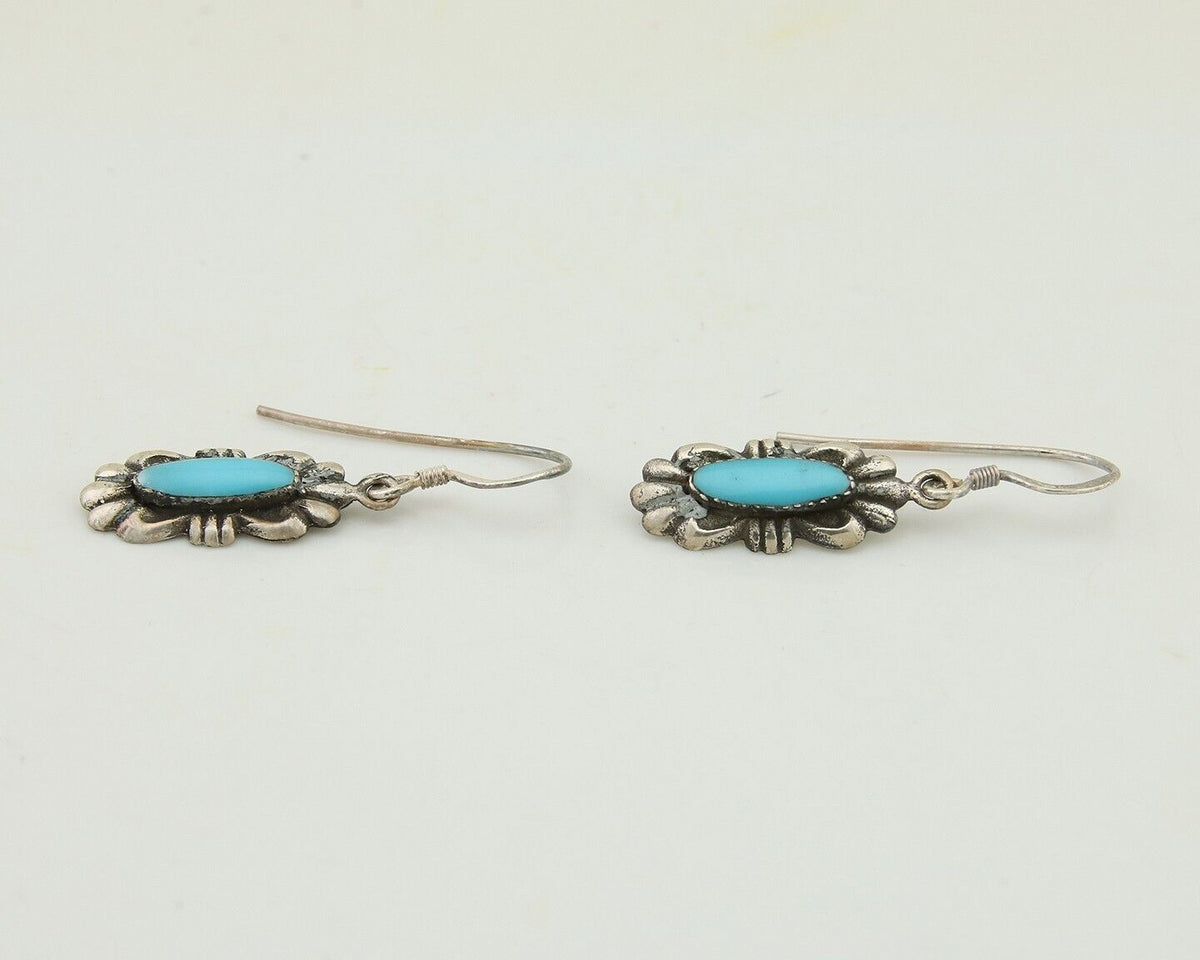 Navajo Dangle Earrings 925 Silver Blue Turquoise Artist Signed Square C.80's