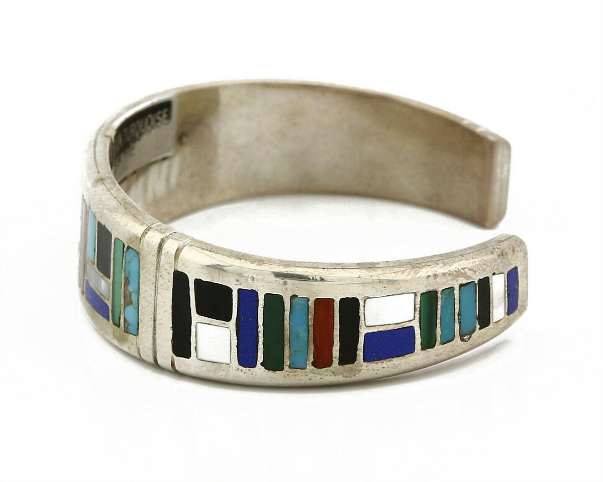 Early Artist David Freeland Inlaid Natural Gemstone .925 SOLID Silver Cuff