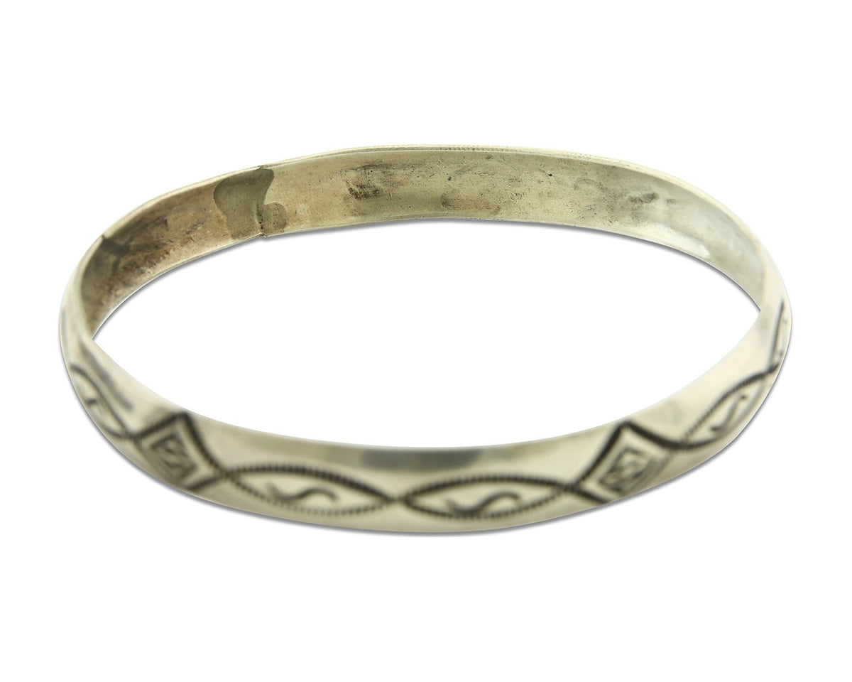 Vintage Navajo Bangle Bracelet Sterling Silver Hand Stamped Signed HJ