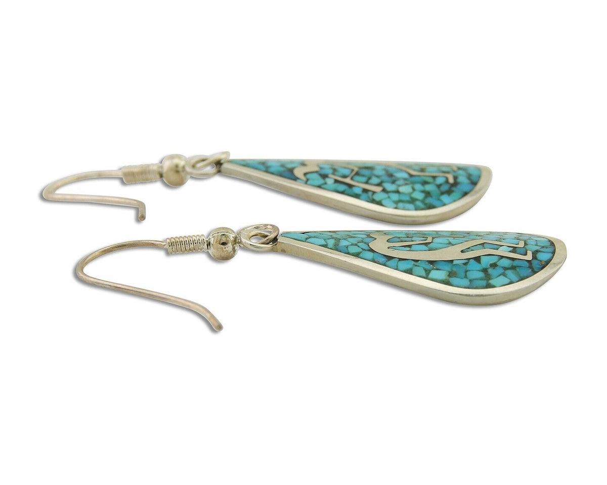 Navajo Kokopelli Earrings 999 Nickel Chip Inlay Turquoise Coral Native American