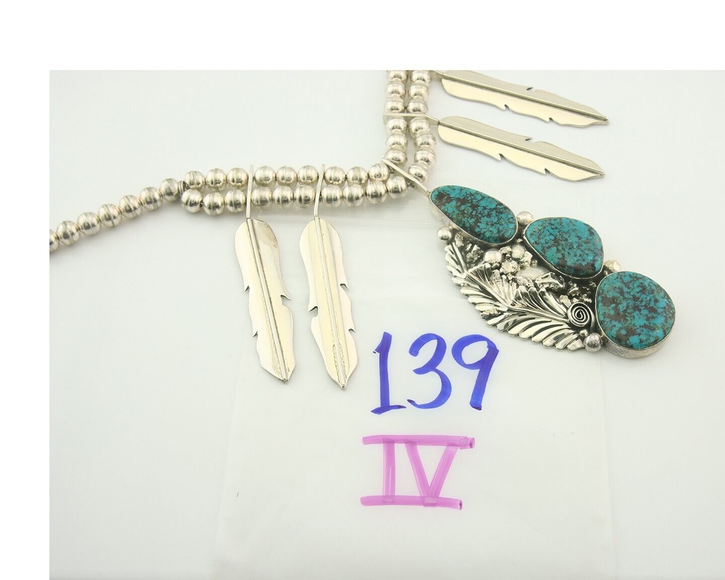 Vintage Navajo Bead Necklace 925 Siilver Turquoise Signed Ben S & LSP