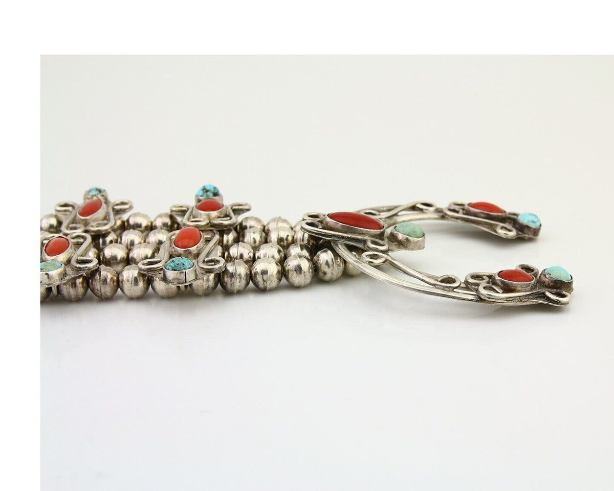 Navajo Coral Turquoise Squash Necklace 925 Silver Native Artist