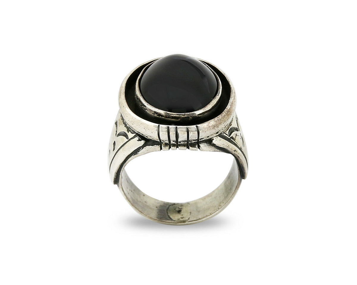 Navajo Artist Montoya Handmade Stamped Natural Onyx .925 Silver Ring