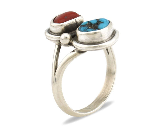 Navajo Ring 925 Silver SB Turquoise & Red Coral Native American Artist C.80s