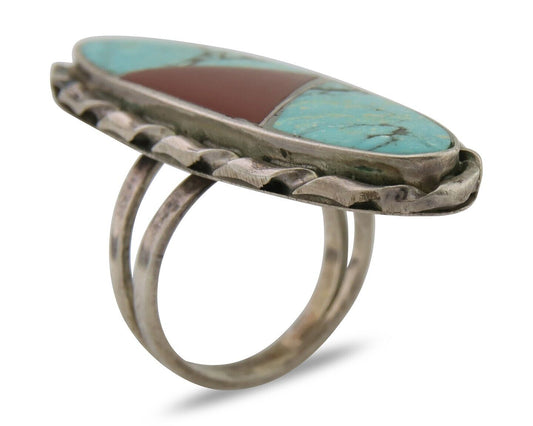 Navajo Ring 925 Silver Natural Turquoise Coral Signed Norman Lee Size 7.75
