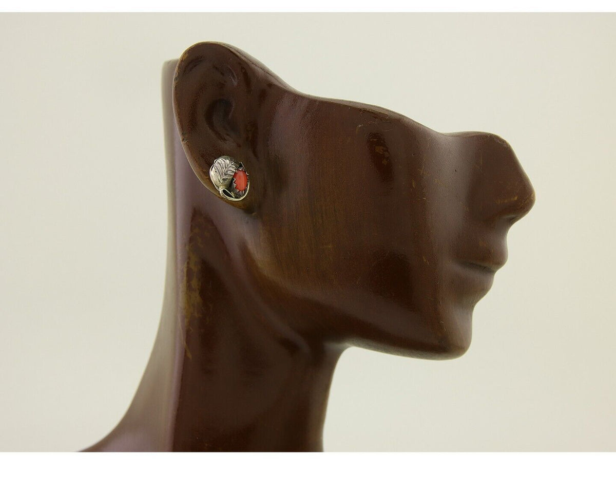Navajo Earrings 925 Silver Natural Red Coral Native American Artist C.80's
