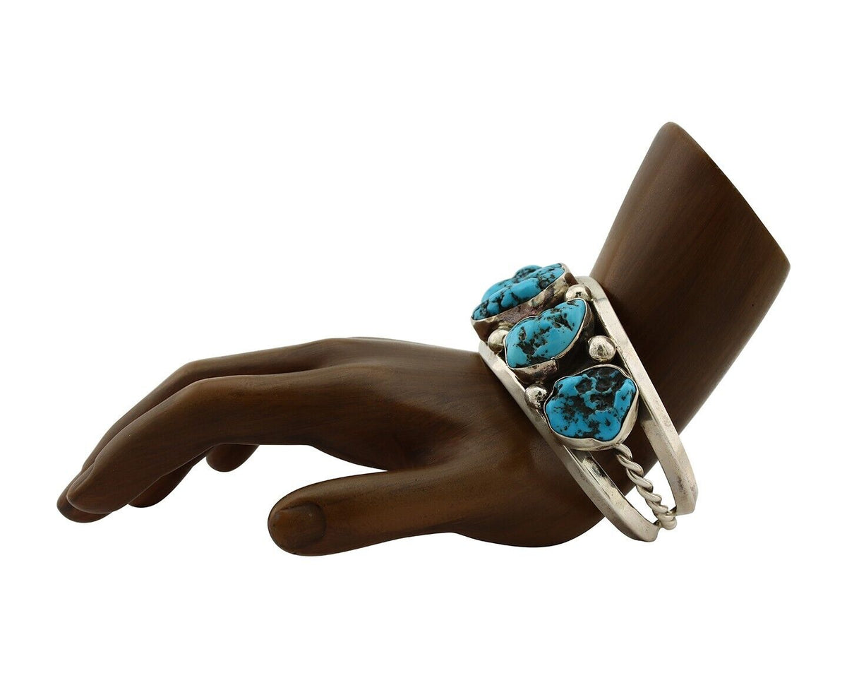 Navajo Bracelet 925 Silver Nugget Sleeping Beauty Turquoise Artist Signed JR C80