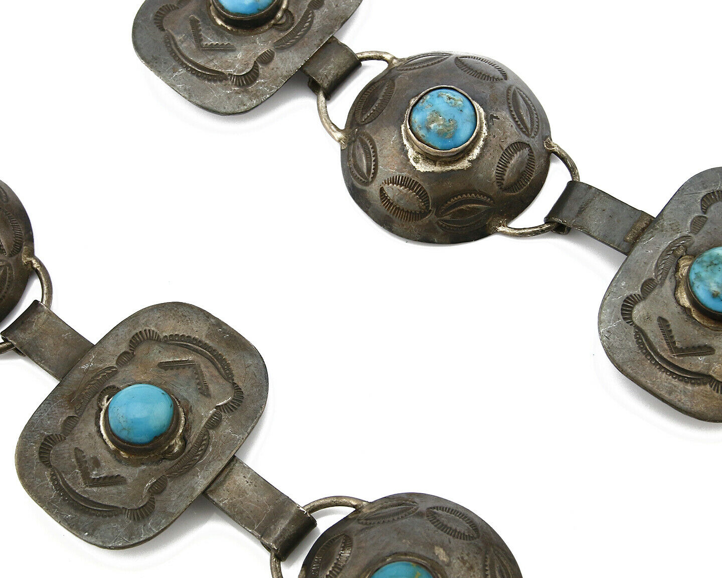 Navajo Old Pawn Concho Belt .925 Silver Natural Turquoise C.1940's