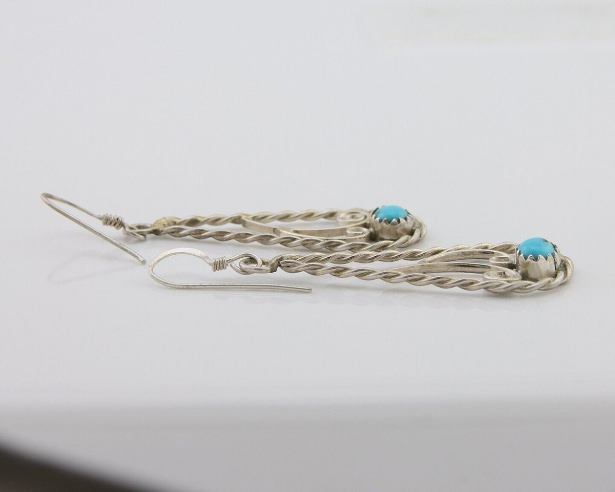 Navajo Dangle Earrings 925 Silver Natural Turquoise Artist Signed JB C.80's