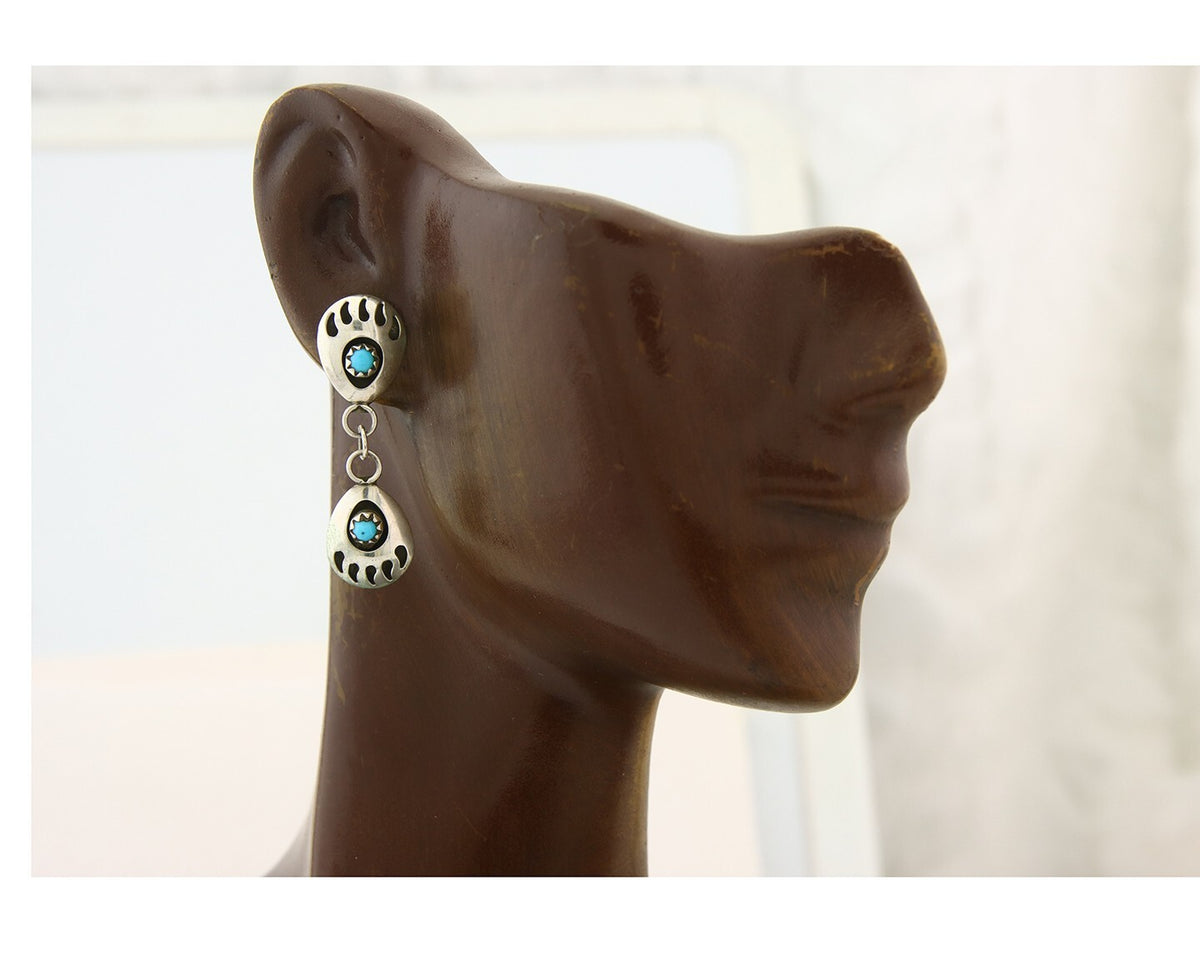 Navajo Earrings 925 Silver Dangle Paw Turquoise Native American Artist C.80's
