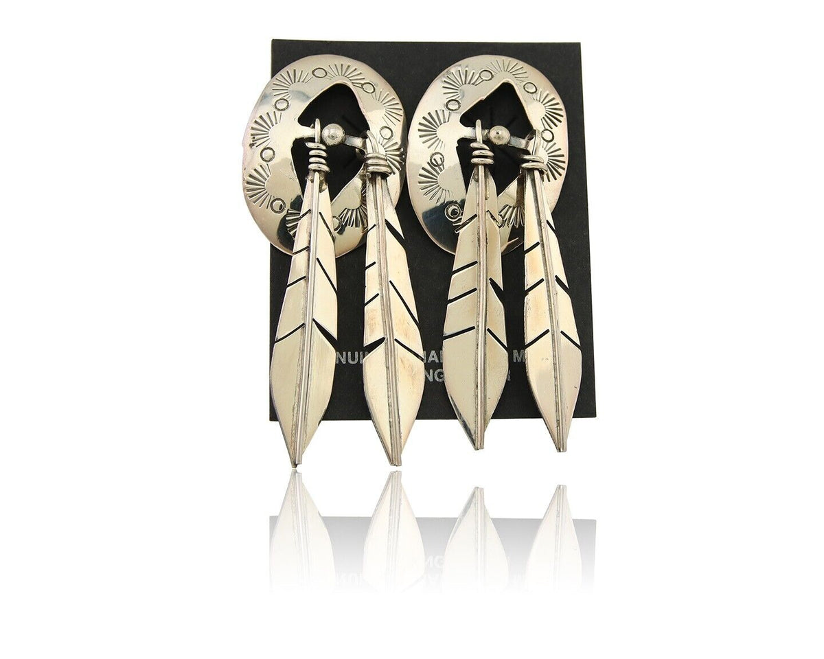 Navajo Feather Earrings 925 Silver Dangle Artist Signed DISHTA C.80's