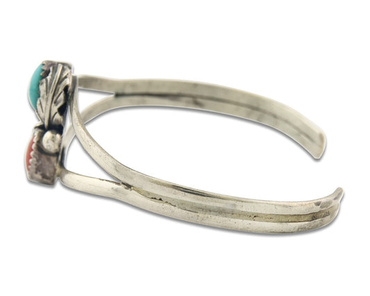 Vintage Navajo Bracelet 925 Silver Natural Red Coral Turquoise Handmade