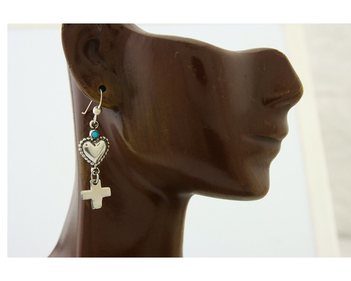 Navajo Earrings 925 Silver Heart Cross Turquoise Native American Artist C.80's