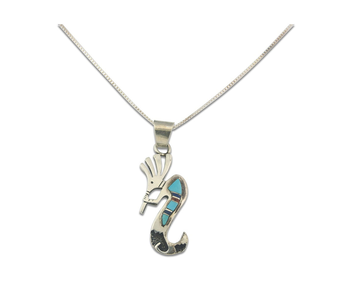 Navajo Kokopelli Necklace Sterling Silver Natural Gemstone Vintage Signed Paw