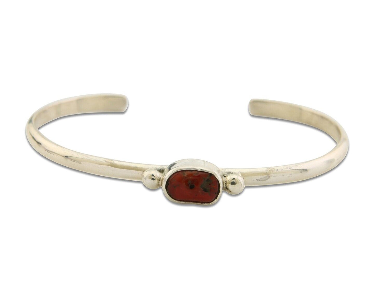 Navajo Bracelet .925 Silver Mediterranean Red Coral Cuff Native Artist C.80's