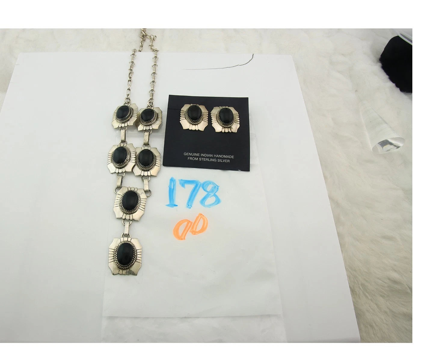 Navajo Necklace Earring Set Sterling Silver Onyx Vintage Signed Begay