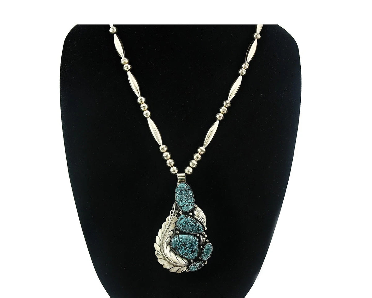 Navajo Bead Necklace Sterling Silver Fine Spiderweb Turquoise Signed Tom Willeto