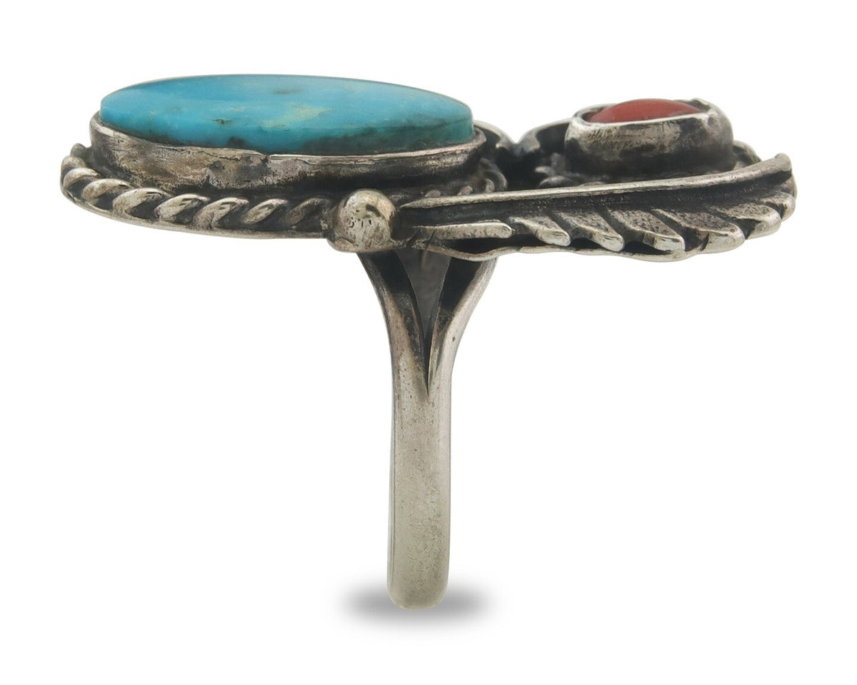 Navajo Ring 925 Sterling Natural Coral & Turquoise Native Artist C.80's Sz 7.25