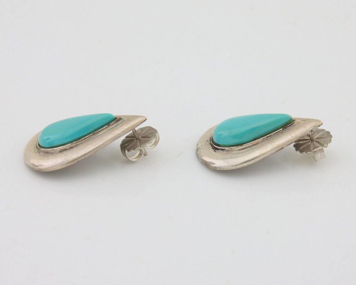 Navajo Dangle Earrings 925 Silver Natural Turquoise Signed Thomas Charay C.1988