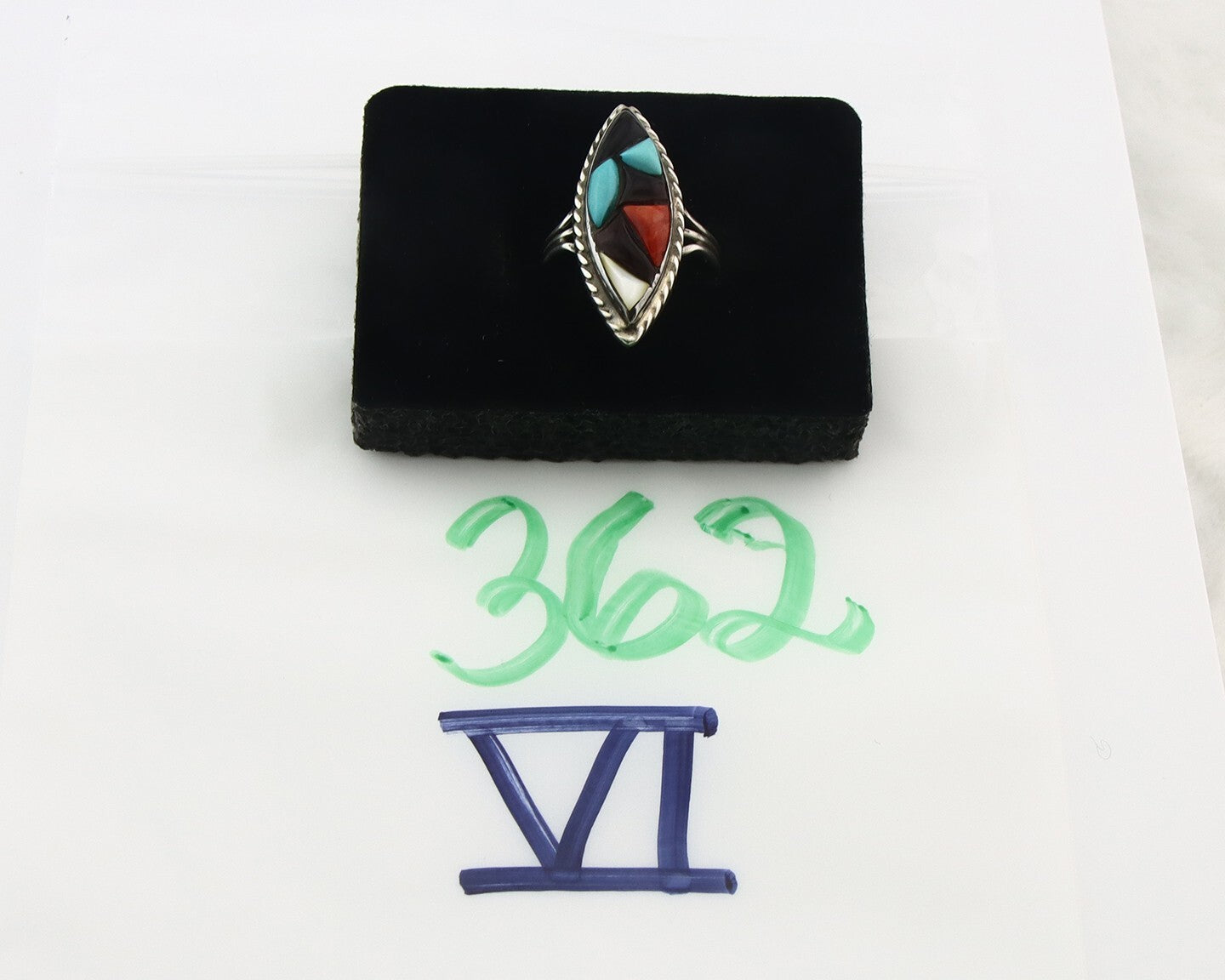 Vintage Zuni Ring 925 Sterling Silver Natural Gemstone Signed R & GT Size 6.0