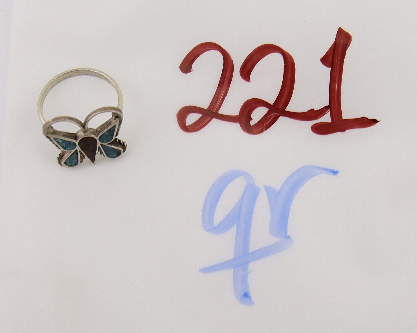 Navajo Handmade Butterfly Ring 925 Silver Coral & Turquoise Native Artist C.80's