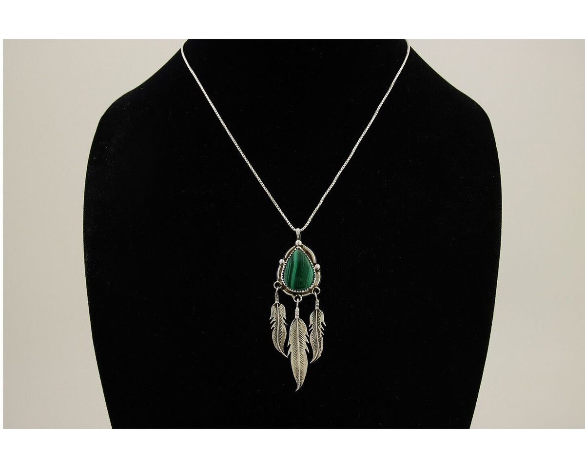 Large Navajo Pendant 925 Silver Natural Malachite Native American Artist C.80's