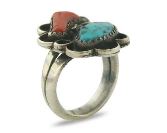 Vintage Navajo Ring 925 Sterling Natural Coral & Turquoise Native Artist Sz 5.75