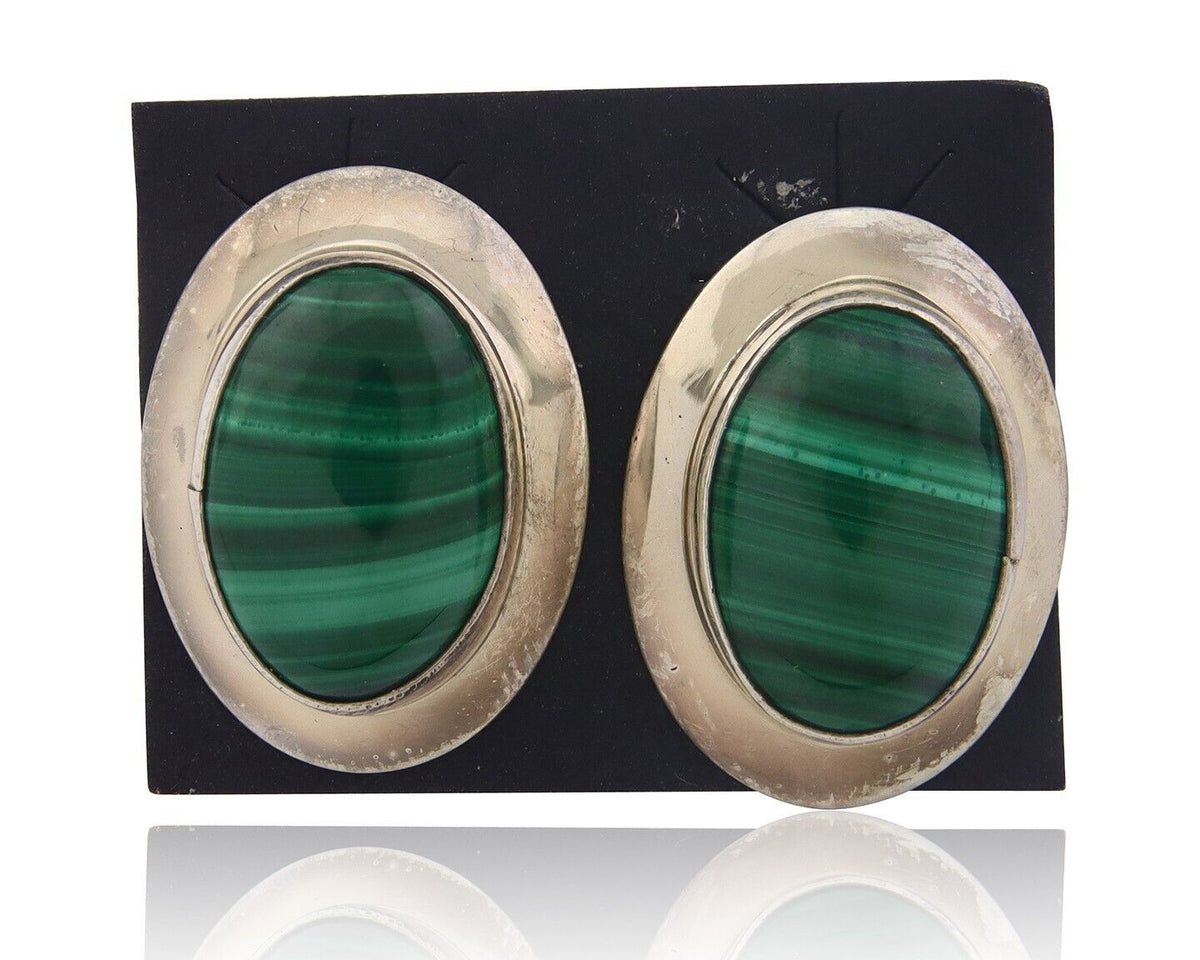 Navajo Earrings 925 Silver Natural Malachite Native American Artist C.80's