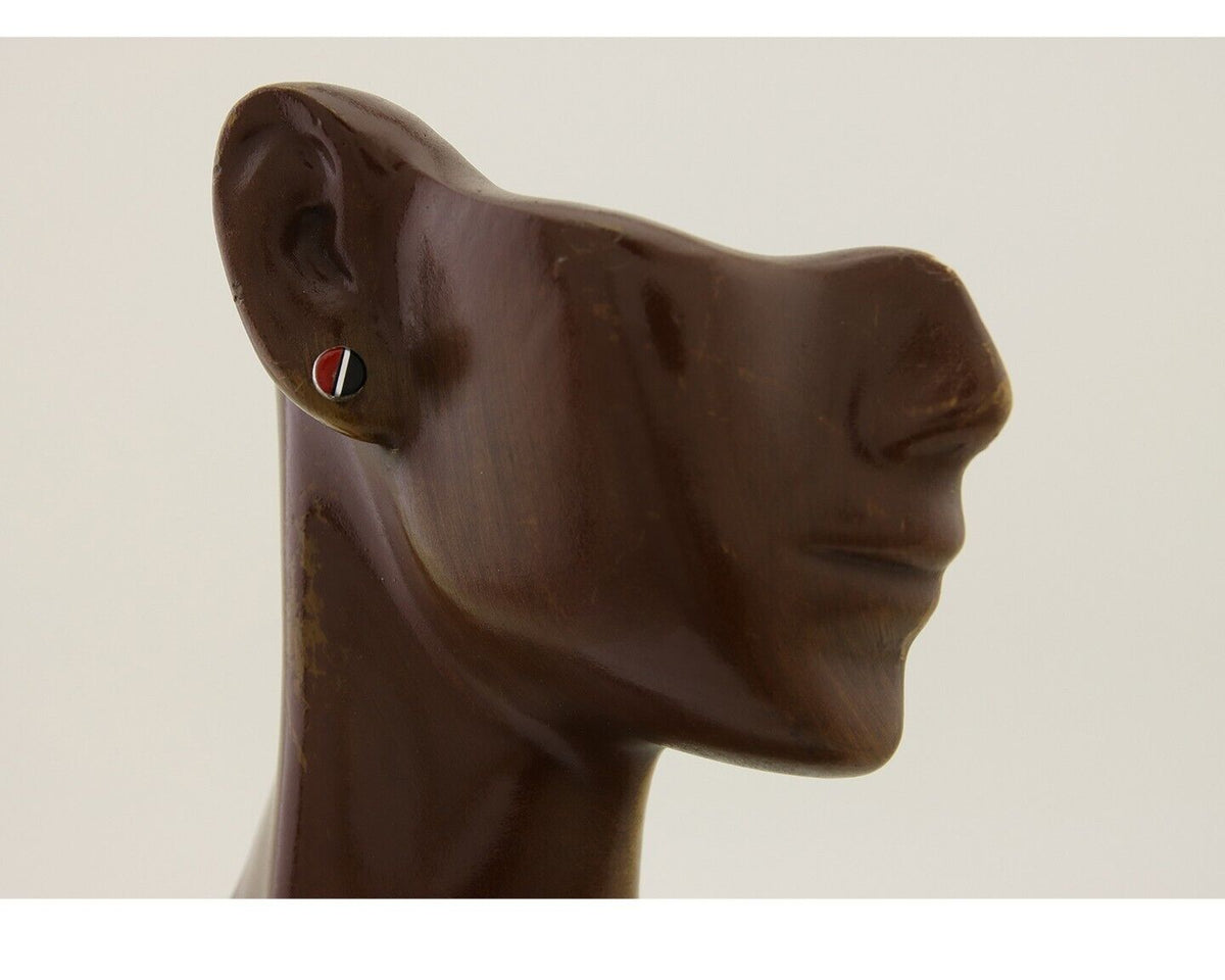 Navajo Earrings 925 Silver Inlaid Natural Onyx & Coral Native Artist C.80's