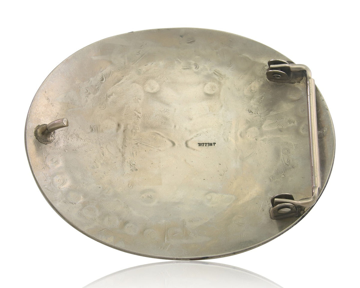Navajo Belt Buckle .999 Nickel Buffalo Gemstone Signed Jimmie Nezzie 3x3.5in C80