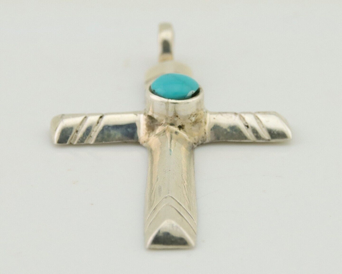 Navajo Sand Cast Cross Pendant 925 Silver Turquoise Artist Signed J Yazzie C.80s
