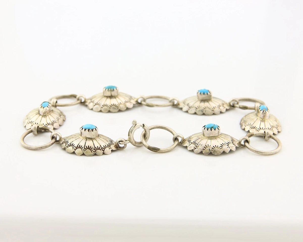 Navajo Concho Bracelet Sterling Silver Turquoise Hand Stamped Signed A.J.