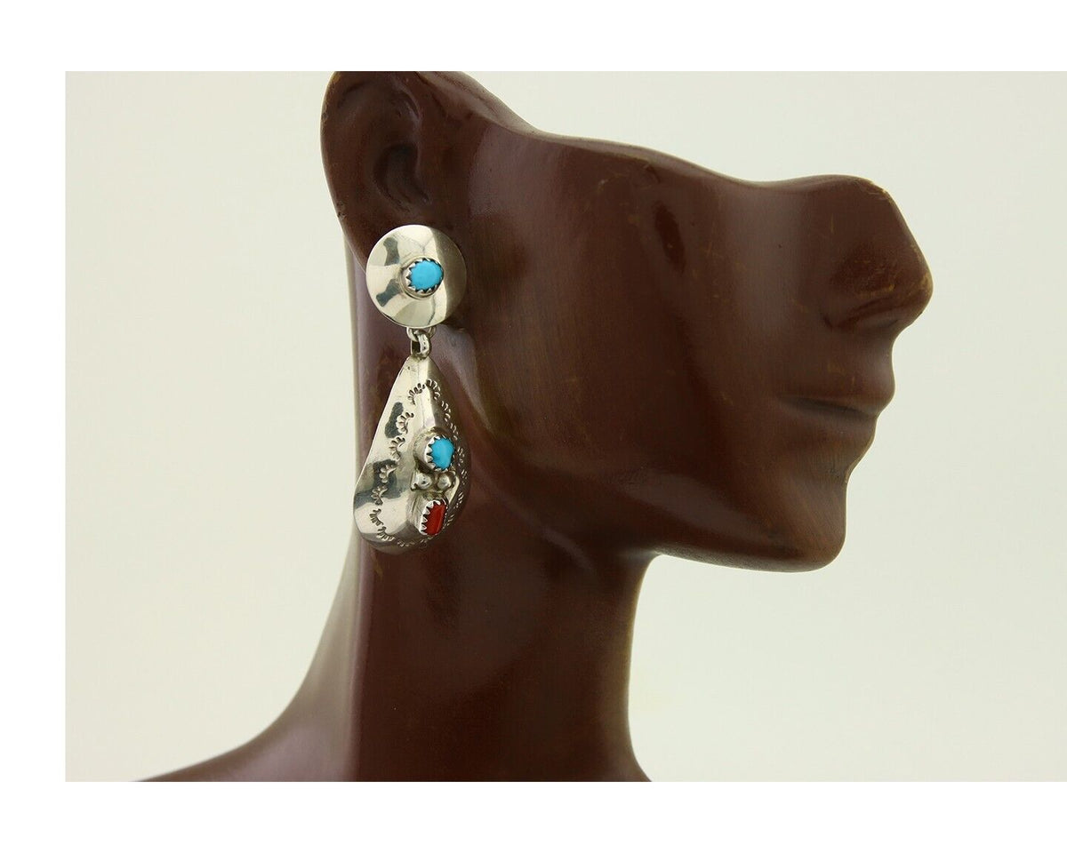Navajo Earrings 925 Silver Turquoise & Coral Artist Signed Leeann Lee C.80's