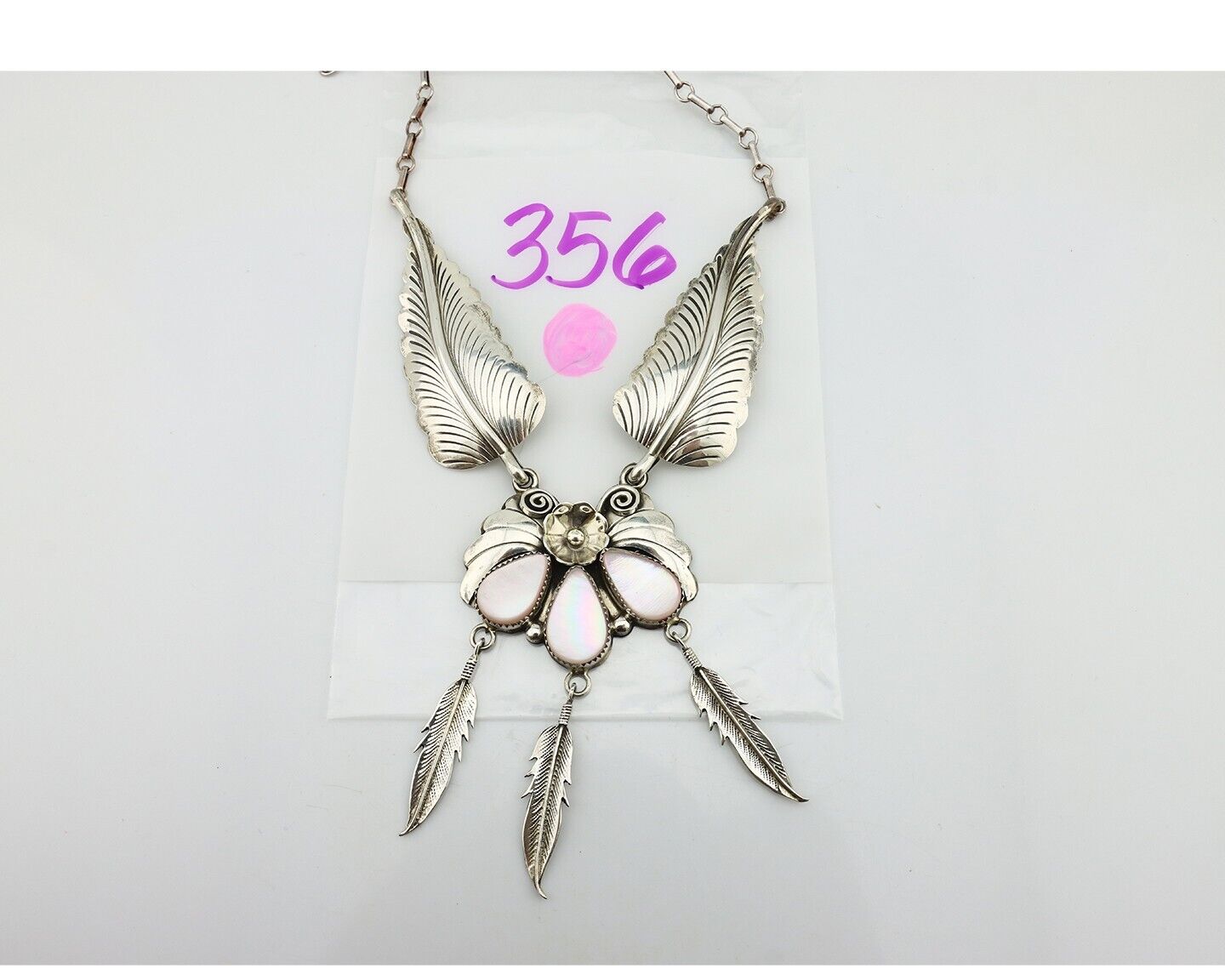 Navajo Squash Necklace 925 Silver Natural Pink Mussel Signed Harrison Yazzie C80