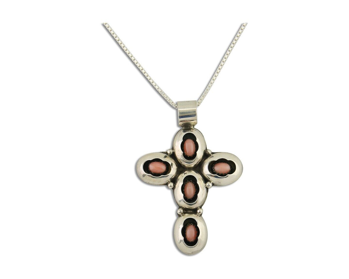 Navajo Cross Necklace 925 Silver Pink Coral Artist Signed G C80s