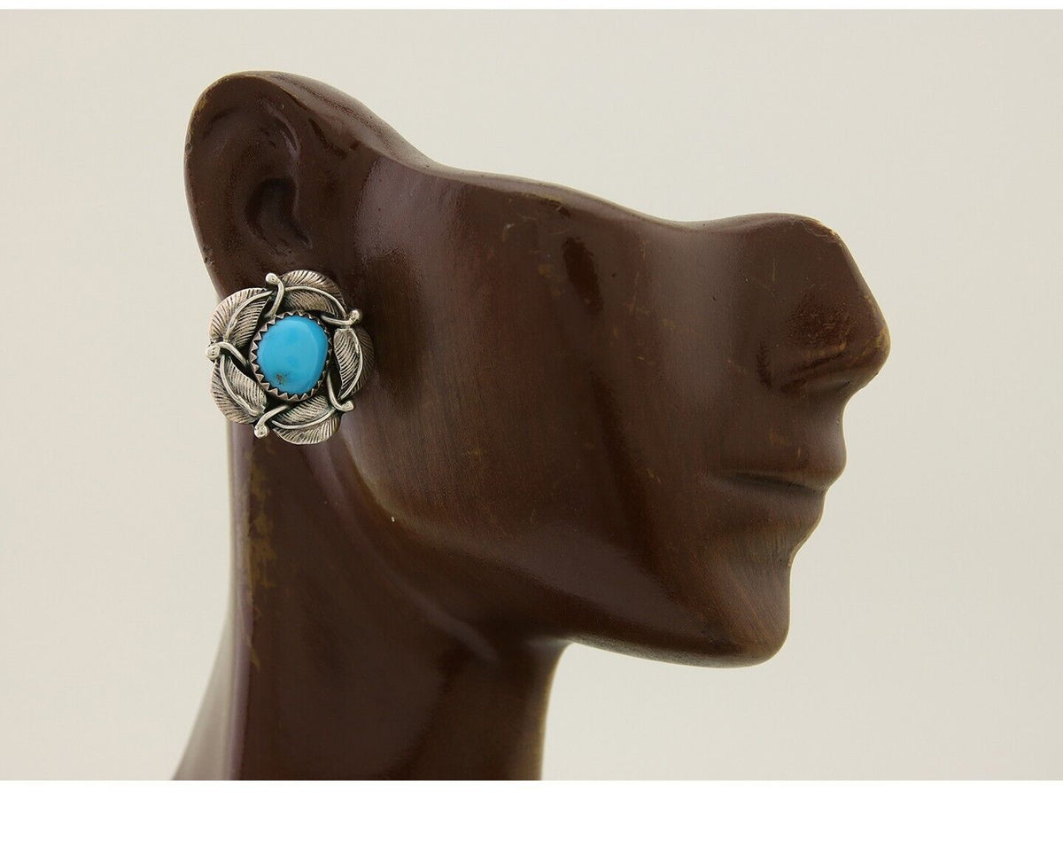 Navajo Earrings 925 Silver Inlaid Natural Turquoise Artist Signed G C.80s