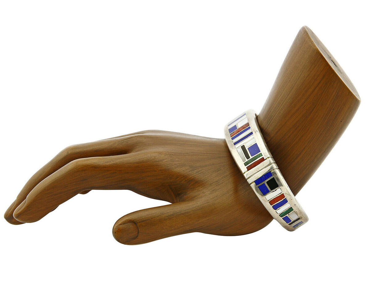 Early Artist David Freeland Inlaid Natural Gemstone .925 SOLID Silver Cuff