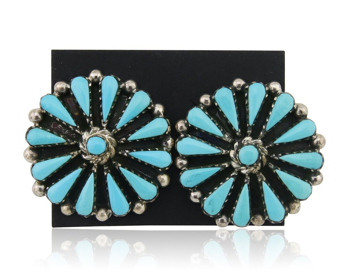 Navajo Petit Point Earrings 925 Silver Turquoise Signed Benson Yazzie C.80's