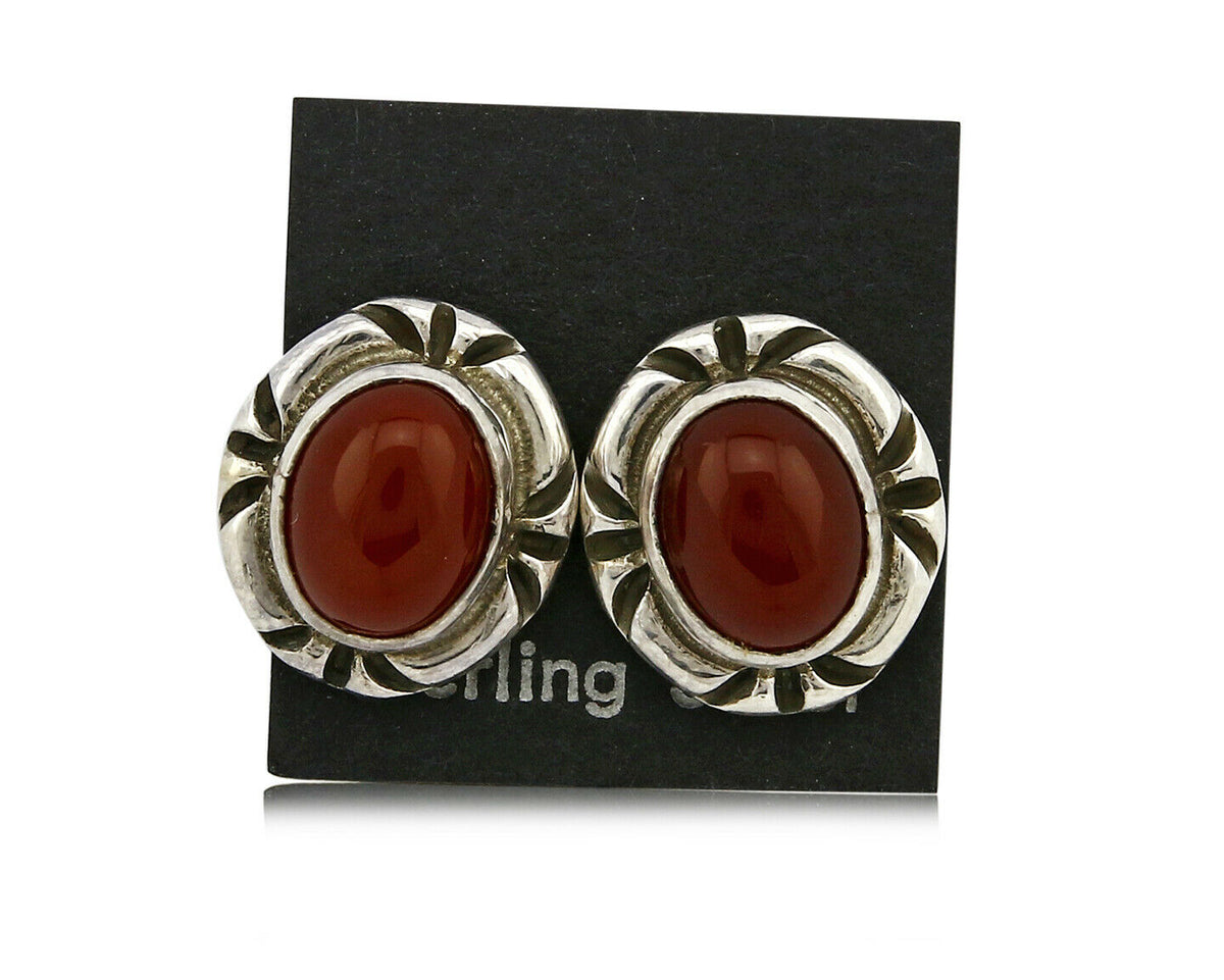 Navajo Hand Stamped Natural Mined Cornelian .925 SOLID Silver Stud Earrings