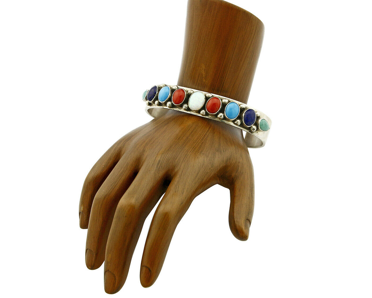 Navajo Gemstone Bracelet .925 Silver Handmade Signed L James C.80's