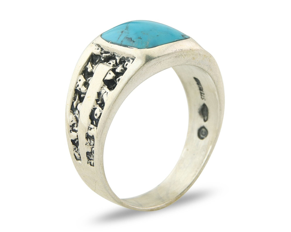 Men Vintage Nugget Ring 925 Sterling Turquoise Artist Signed SC Size 11.25