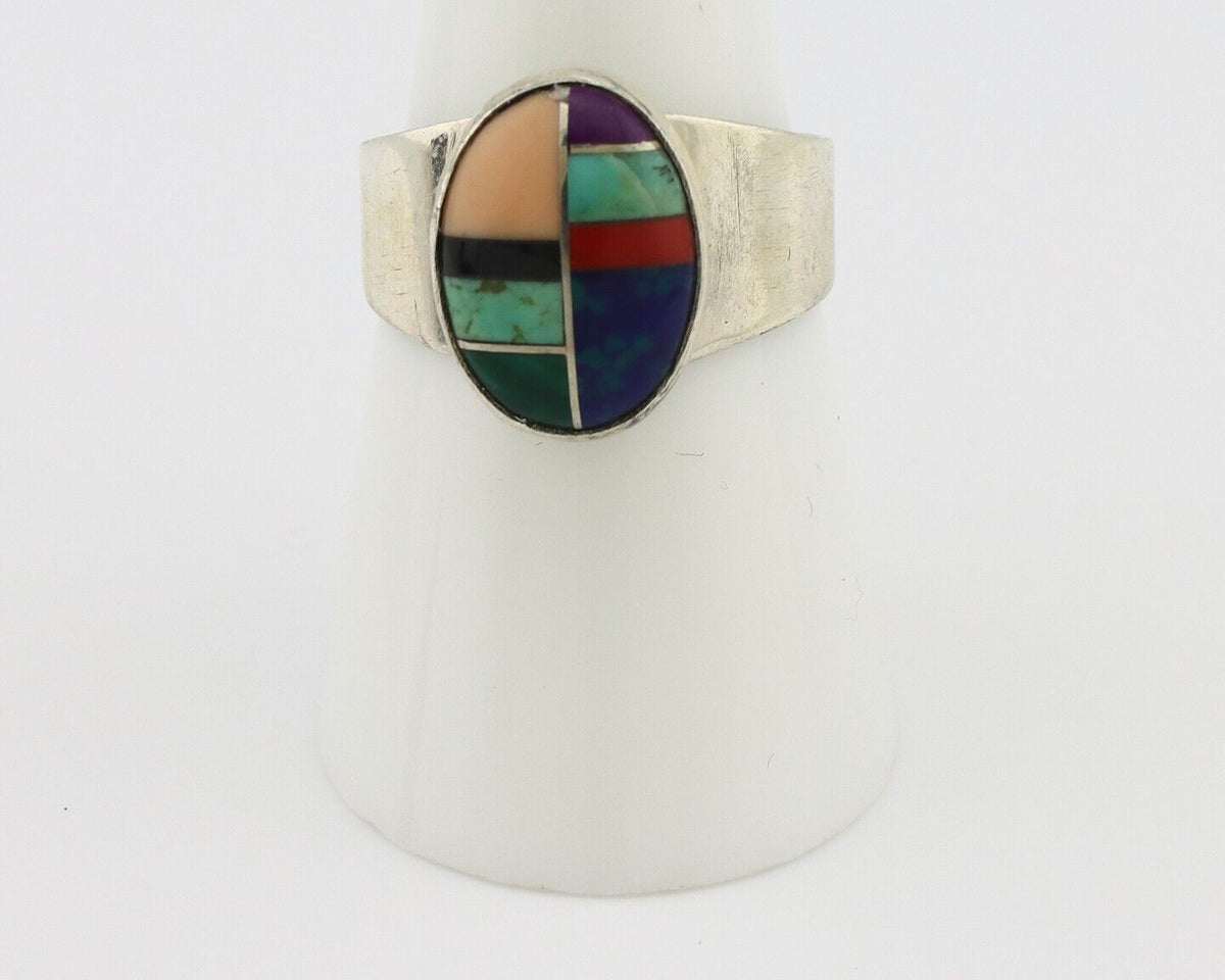 Zuni Inlaid Ring 925 Silver Mixed Natural Gemstones Native American Artist C.80s