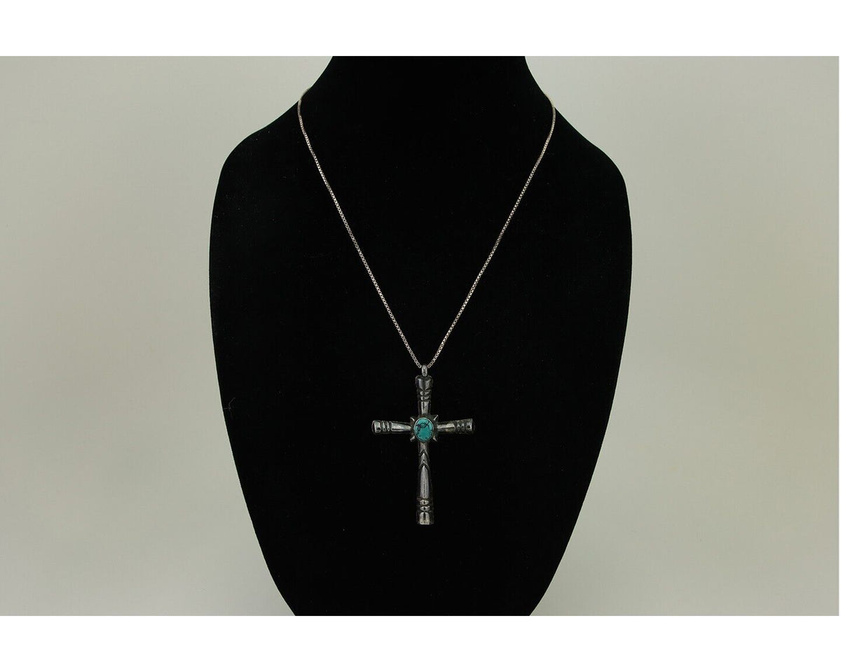 Navajo Sand Cast Cross Pendant 925 Silver Turquoise Native Artist C.80s