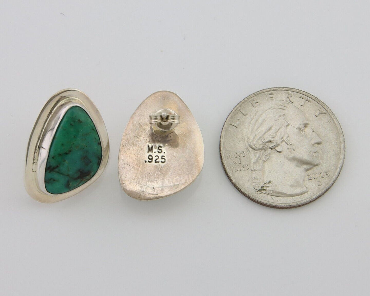 Navajo Shield Earrings 925 Silver Natural Turquoise Artist Signed M.S. C.80's