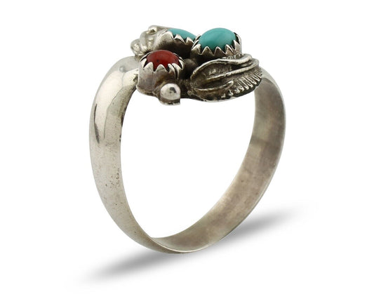 Navajo Adjustable Ring 925 Silver Turquiose & Coral Native Artist C.80's