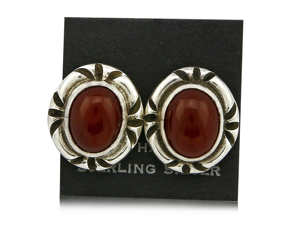 Navajo Hand Stamped Natural Mined Cornelian .925 SOLID Silver Stud Earrings